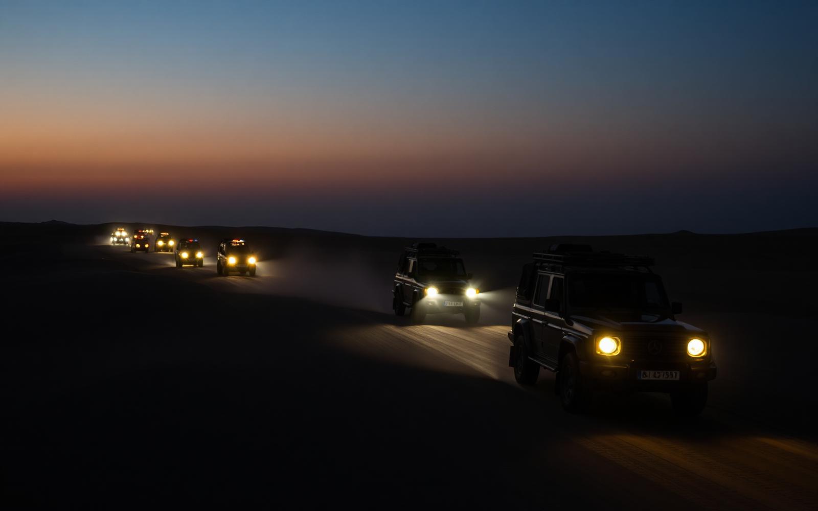 Caravana de vehículos 4x4 cruzando el desierto al atardecer